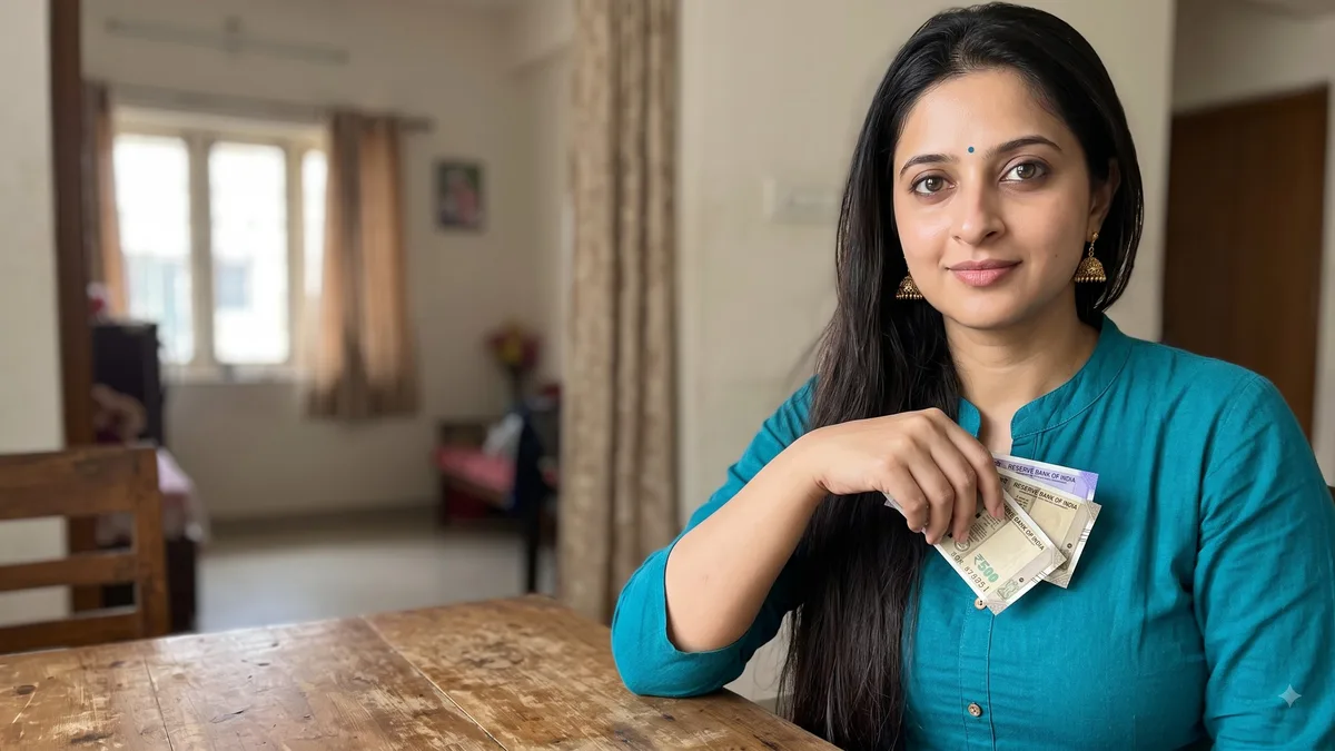 महिला अपनी सैलरी को तीन हिस्सों में बाँटने का प्लान समझाते हुए
